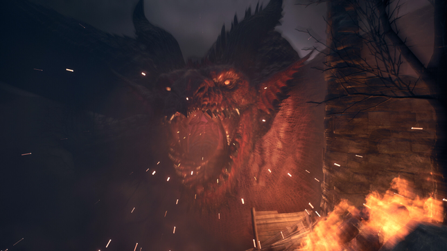 A dragon screams in the middle of a burning city